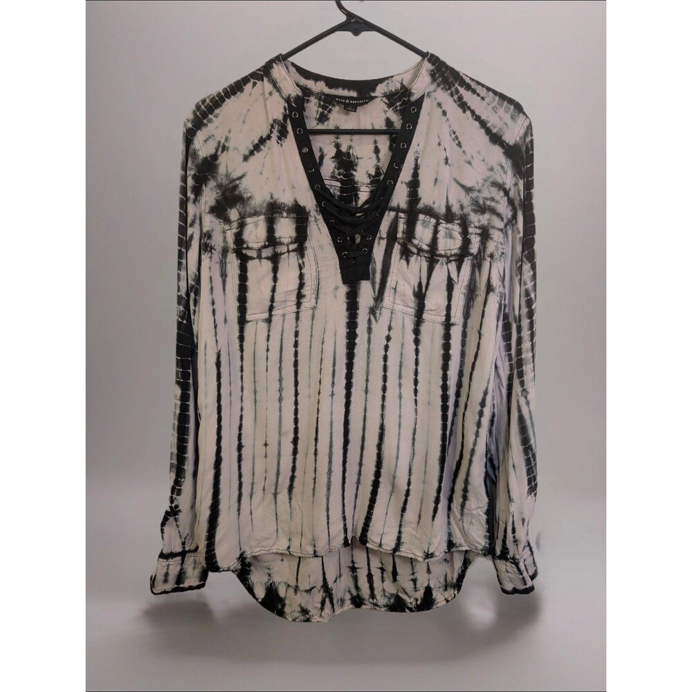 Women's Rock & Republic Tie Dye Lace Up Tunic Blouse Black White Small